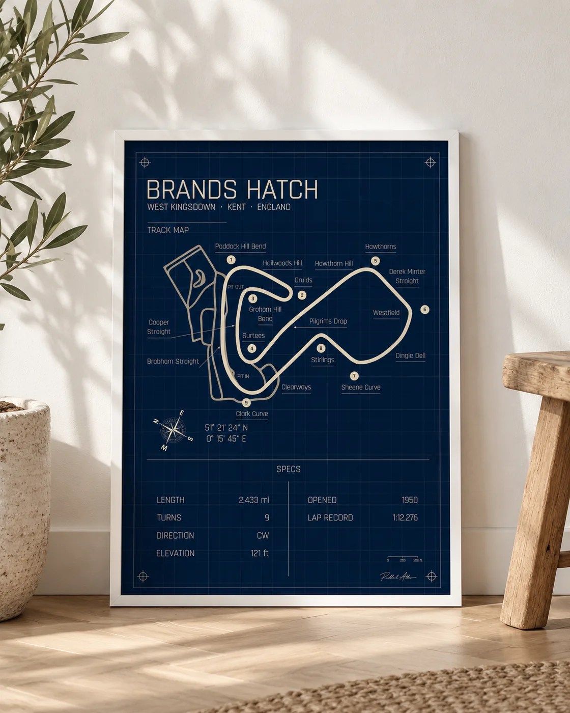 Brands Hatch framed track map poster, Blueprint edition