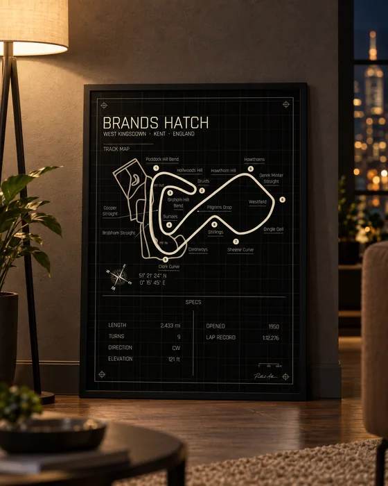 Brands Hatch framed track map poster, Midnight edition