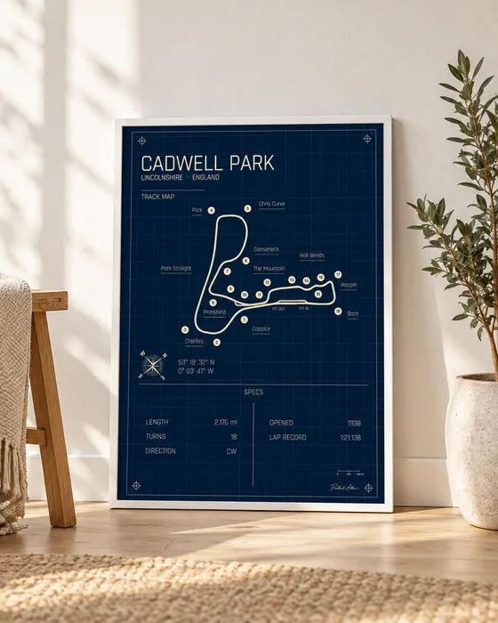 Cadwell Park framed track map poster, Blueprint edition