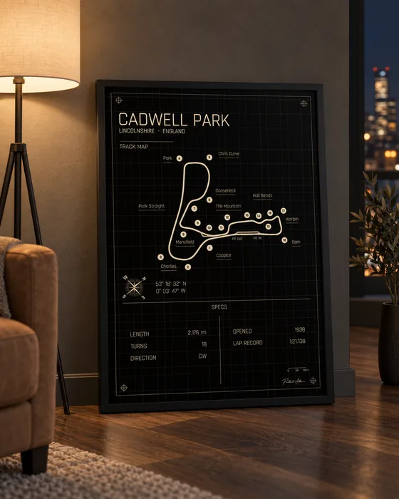 Cadwell Park framed track map poster, Midnight edition