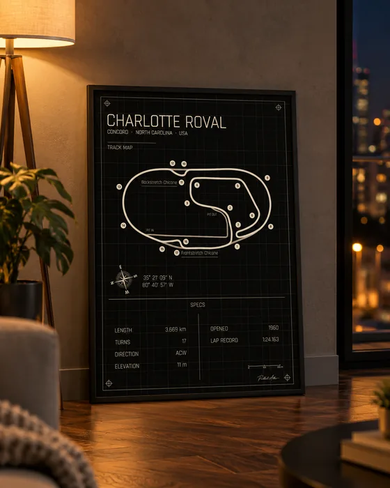 Charlotte Roval framed track map poster, Midnight edition