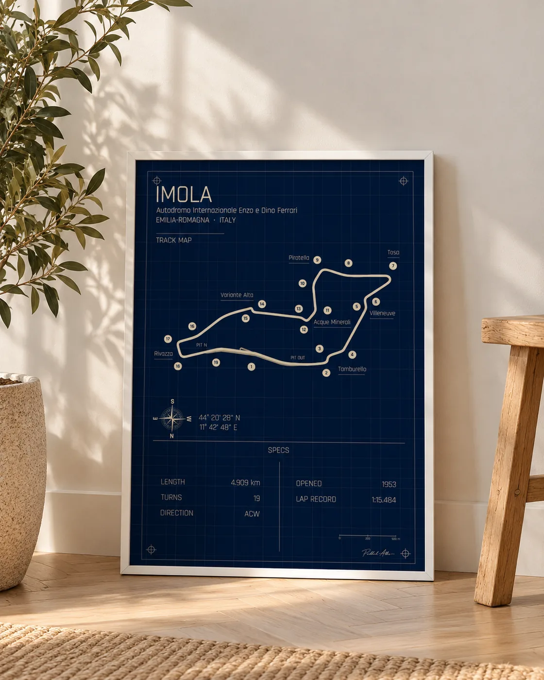 Póster enmarcado del circuito de Imola, edición Blueprint