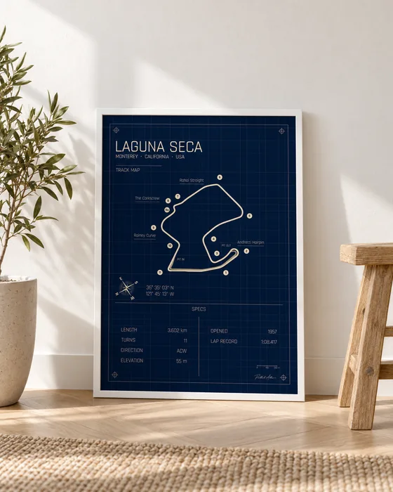 Póster enmarcado del circuito de Laguna Seca, edición Blueprint