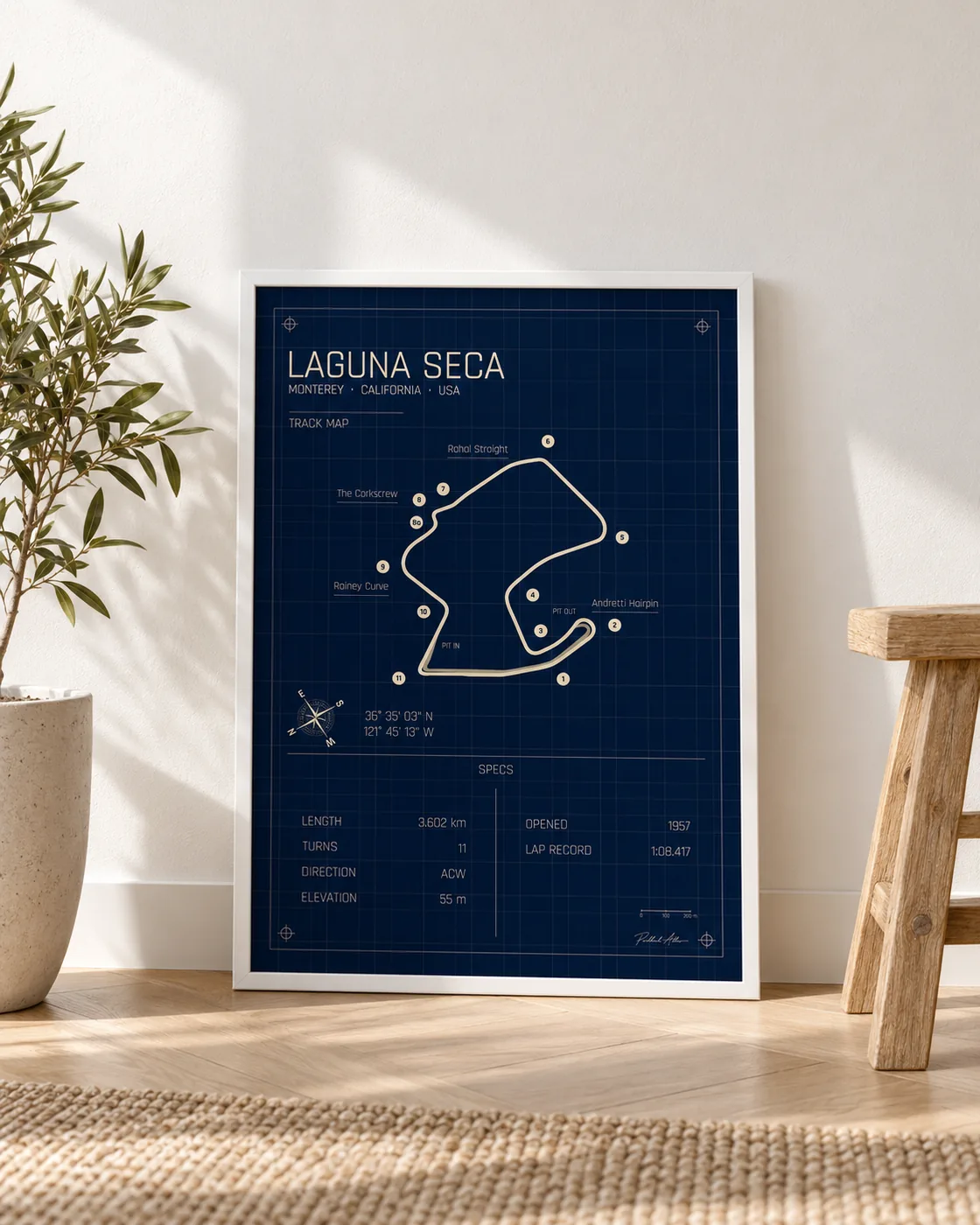 Póster enmarcado del circuito de Laguna Seca, edición Blueprint