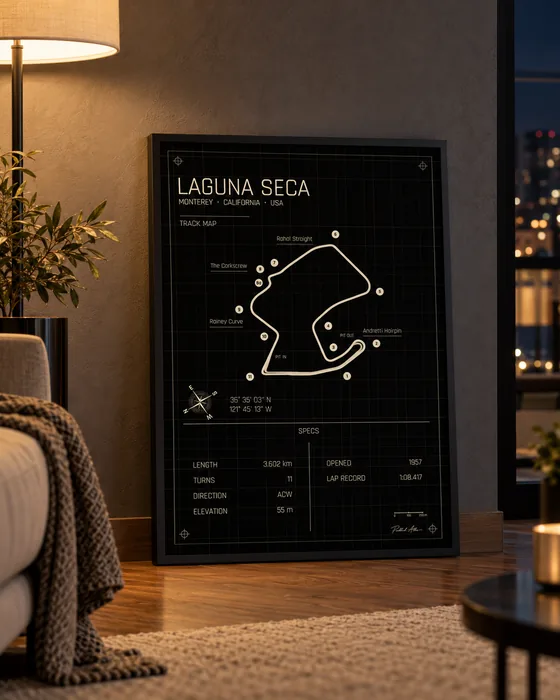 Póster enmarcado del circuito de Laguna Seca, edición Midnight