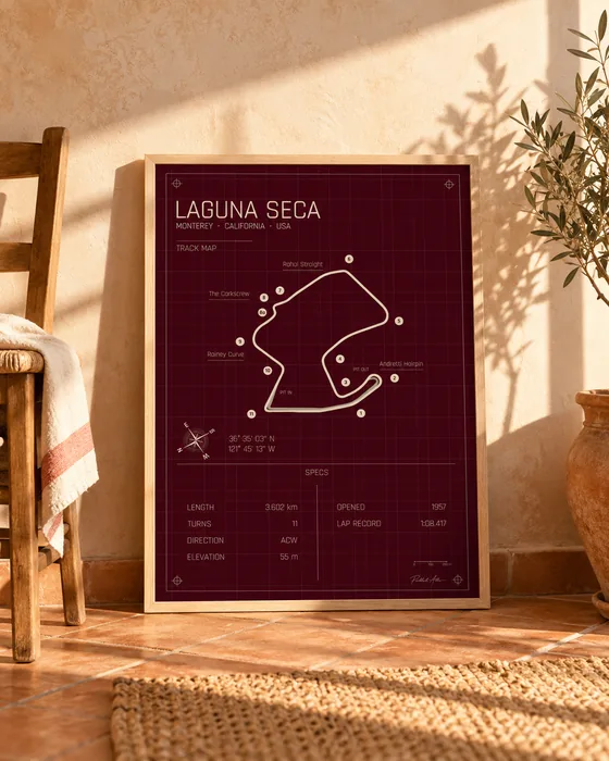 Póster enmarcado del circuito de Laguna Seca, edición Rosso