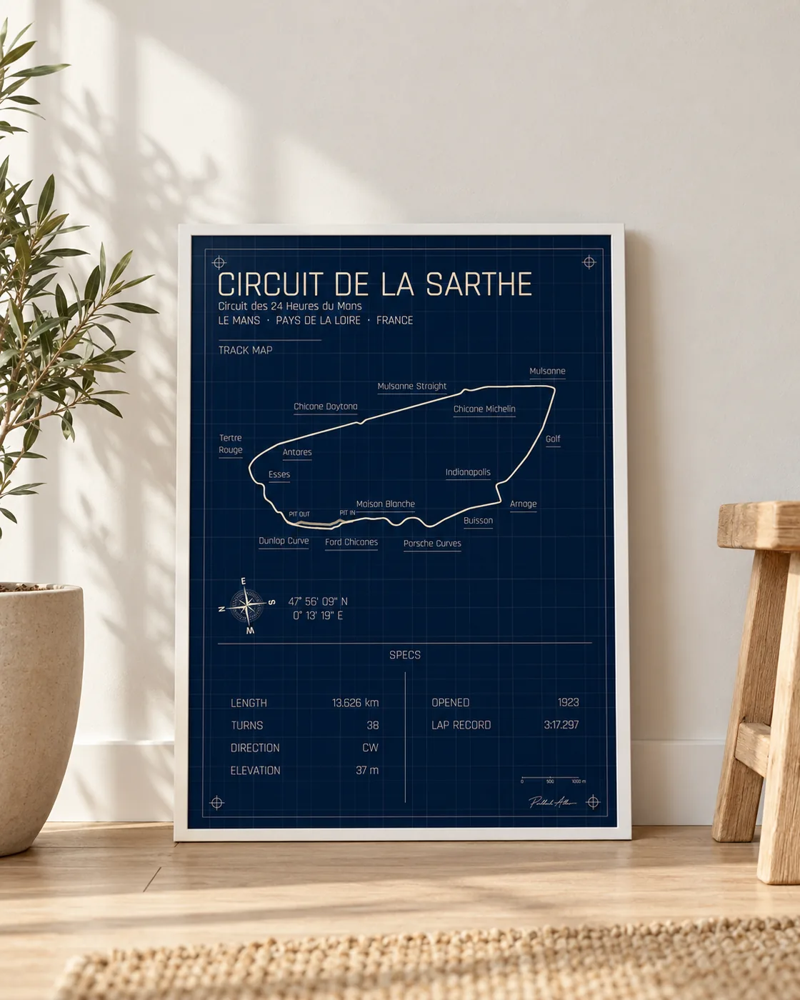 Circuit de la Sarthe framed track map poster — Blueprint