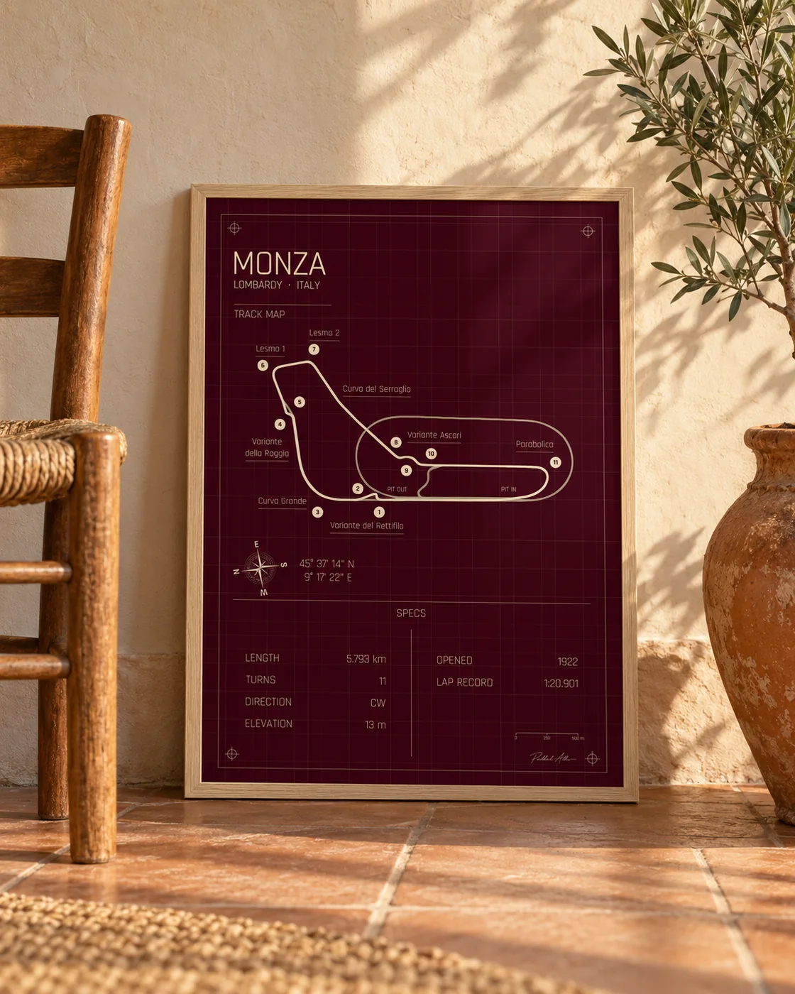 Monza framed track map poster — Rosso