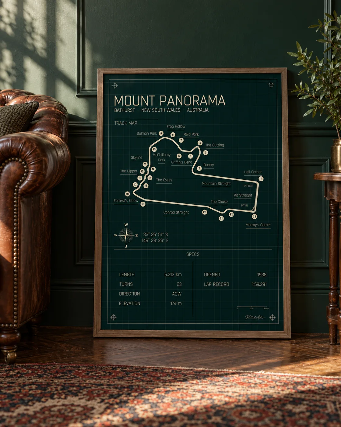 Bathurst (Mount Panorama) framed track map poster, Heritage edition