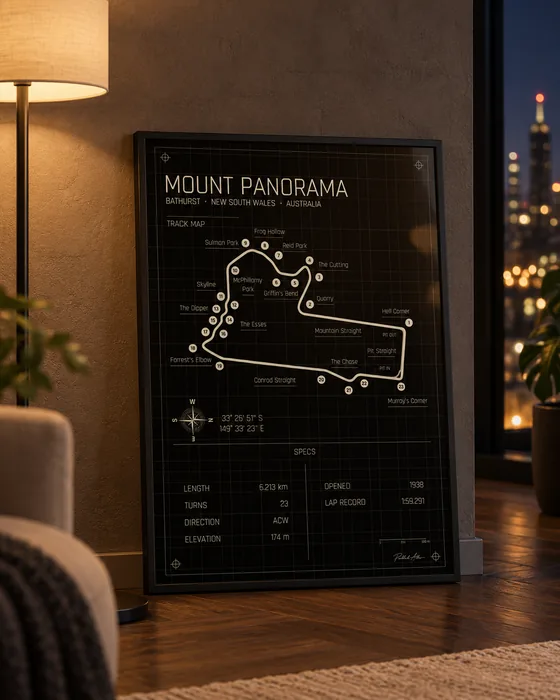 Bathurst (Mount Panorama) framed track map poster, Midnight edition