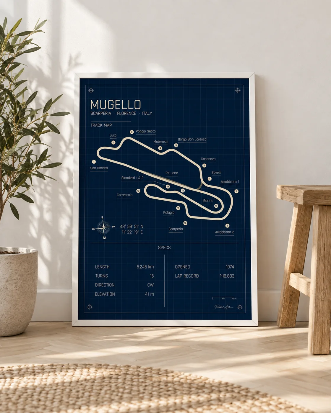 Póster enmarcado del circuito de Mugello, edición Blueprint