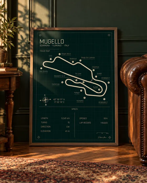 Póster enmarcado del circuito de Mugello, edición Heritage
