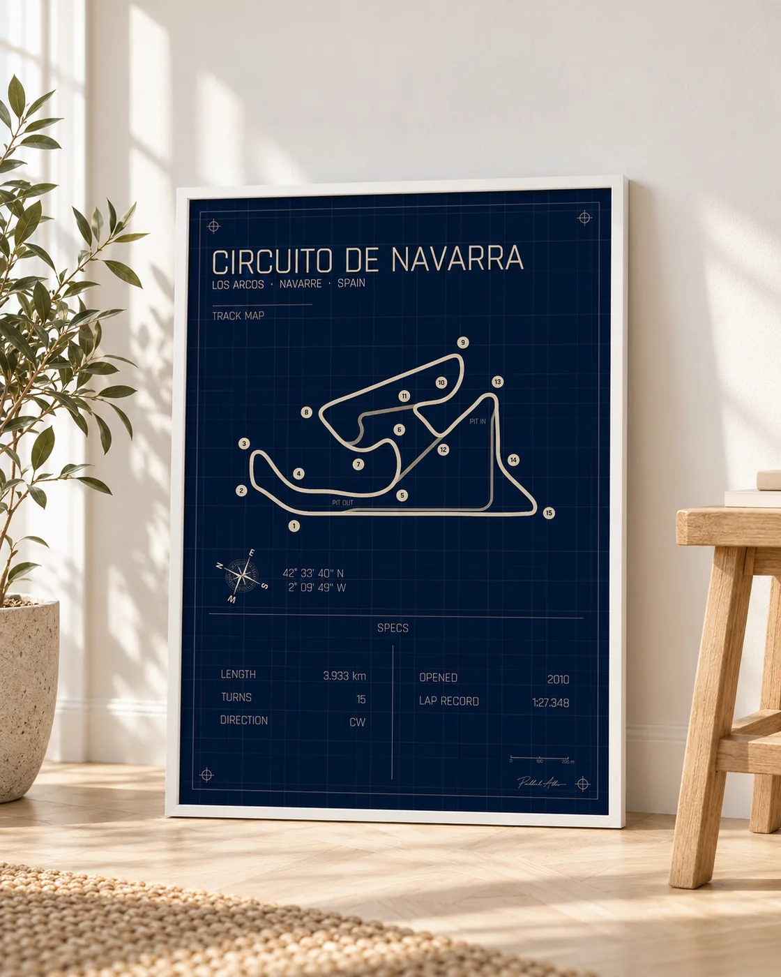 Navarra framed track map poster, Blueprint edition