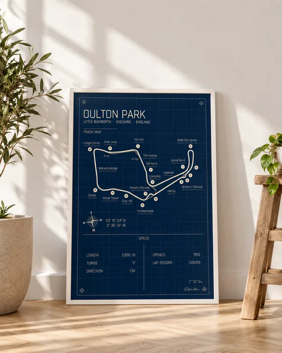 Oulton Park framed track map poster, Blueprint edition
