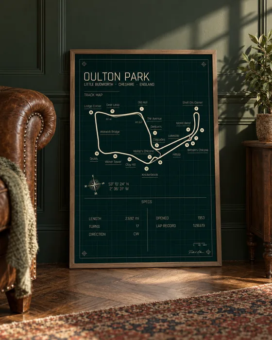 Oulton Park framed track map poster, Heritage edition