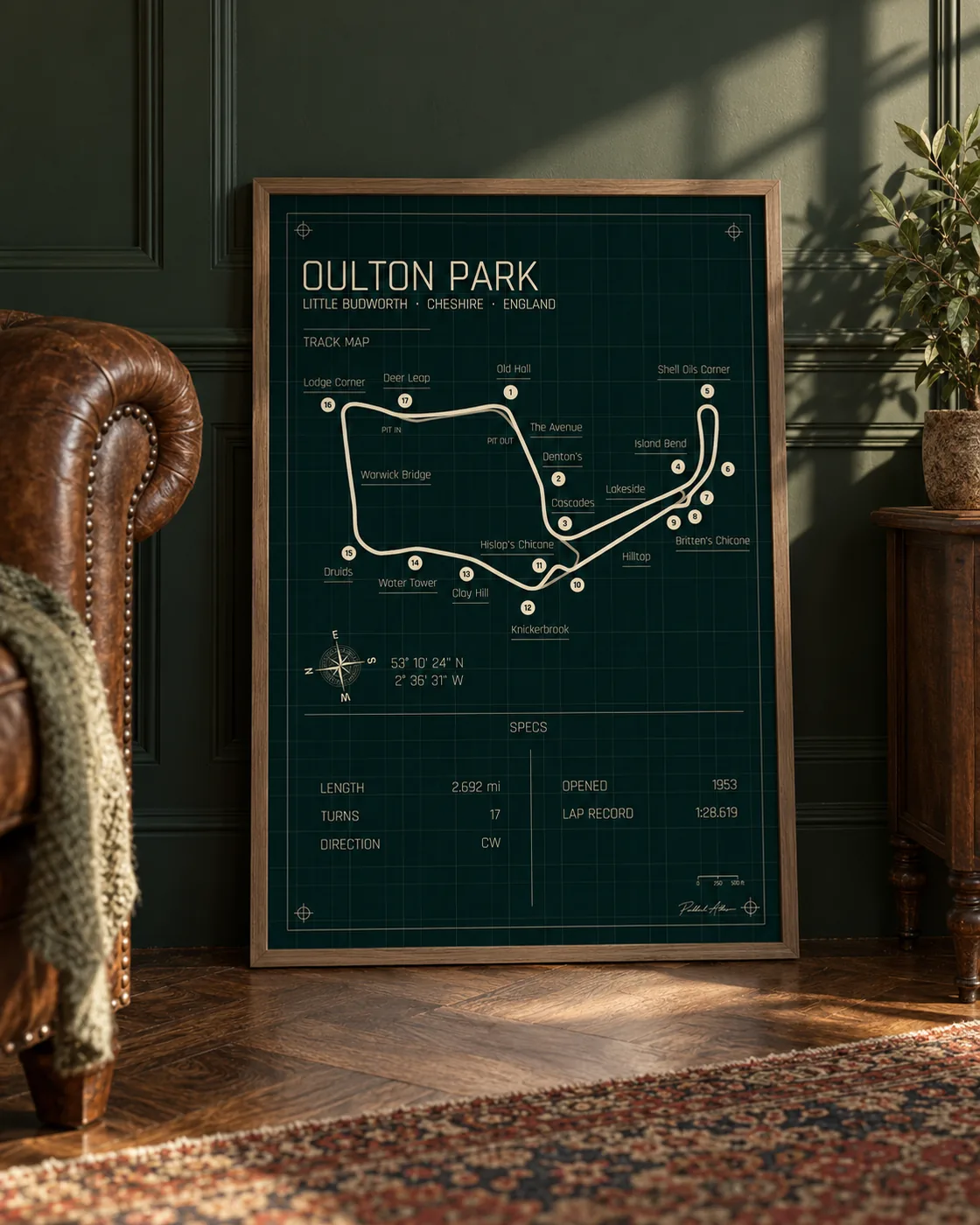 Oulton Park framed track map poster, Heritage edition