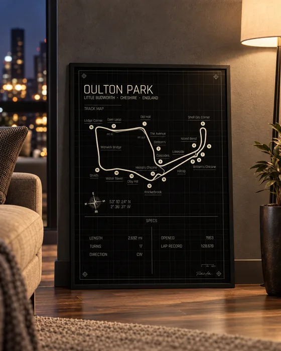 Oulton Park framed track map poster, Midnight edition