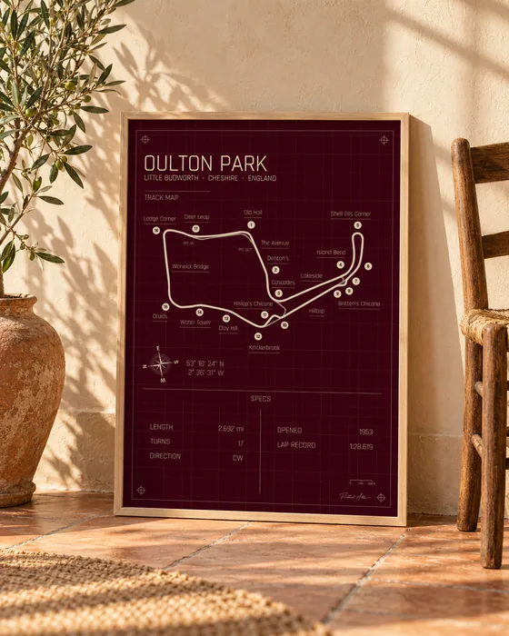 Oulton Park framed track map poster, Rosso edition