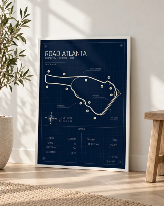 Póster enmarcado del circuito de Road Atlanta, edición Blueprint
