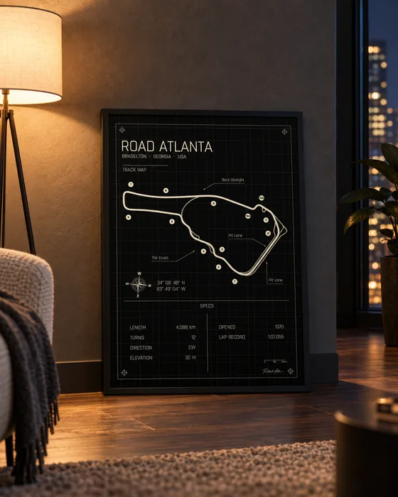 Póster enmarcado del circuito de Road Atlanta, edición Midnight