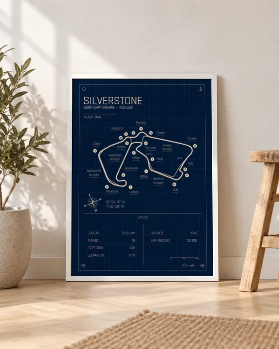 Póster enmarcado del circuito de Silverstone, edición Blueprint