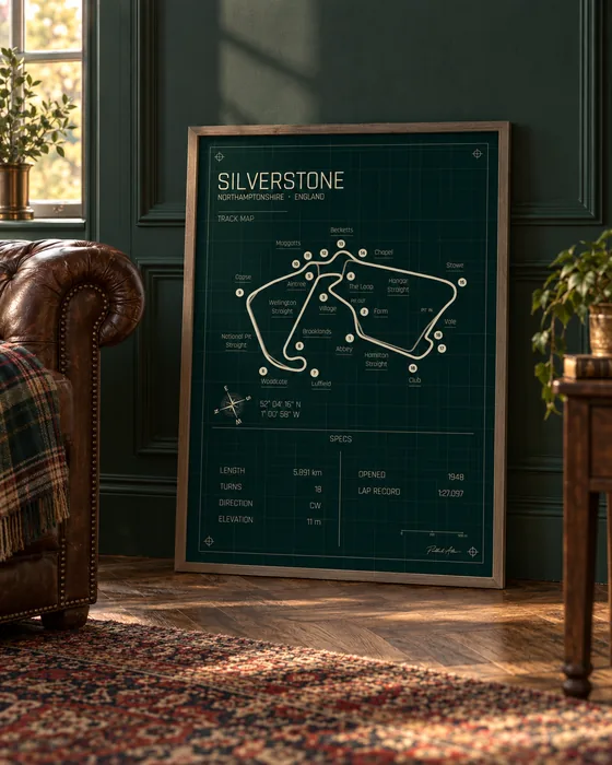 Silverstone framed track map poster, Heritage edition