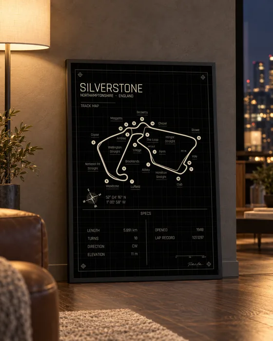Silverstone framed track map poster, Midnight edition