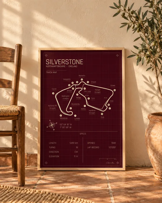 Silverstone framed track map poster, Rosso edition