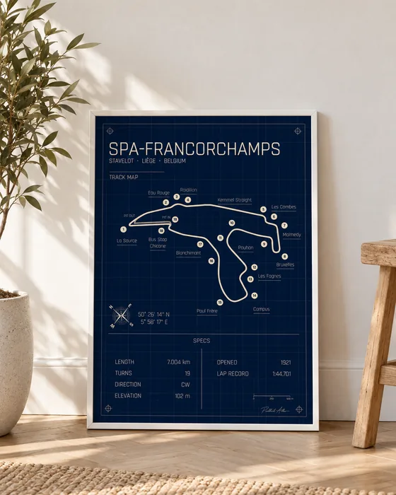 Póster enmarcado del circuito de Spa-Francorchamps, edición Blueprint