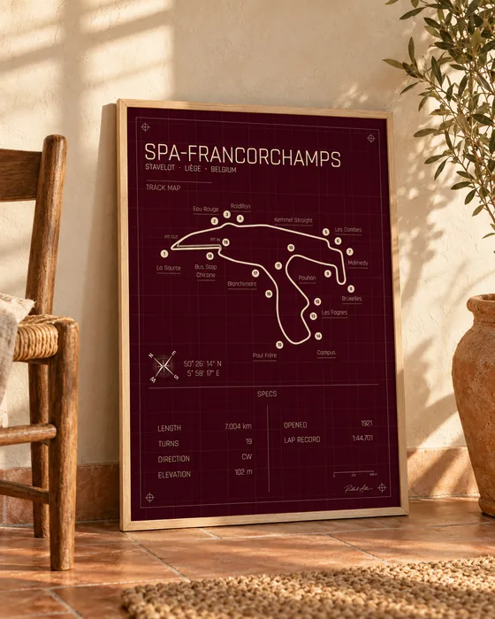 Póster enmarcado del circuito de Spa-Francorchamps, edición Rosso