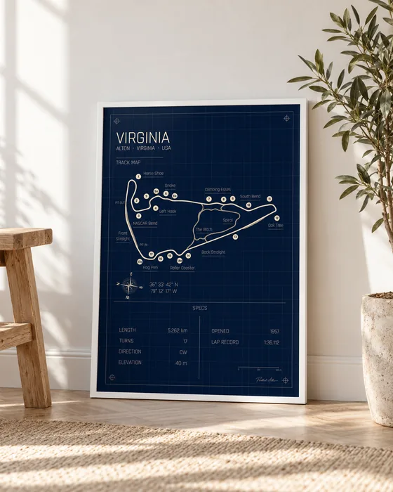 Póster enmarcado del circuito de VIR (Virginia International Raceway), edición Blueprint