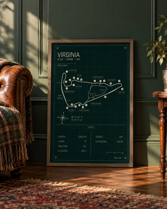 Póster enmarcado del circuito de VIR (Virginia International Raceway), edición Heritage