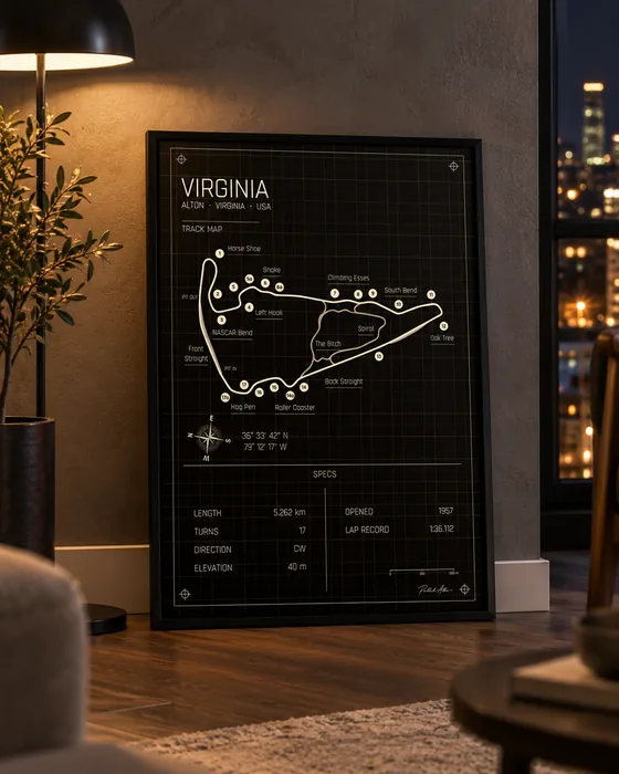 Póster enmarcado del circuito de VIR (Virginia International Raceway), edición Midnight