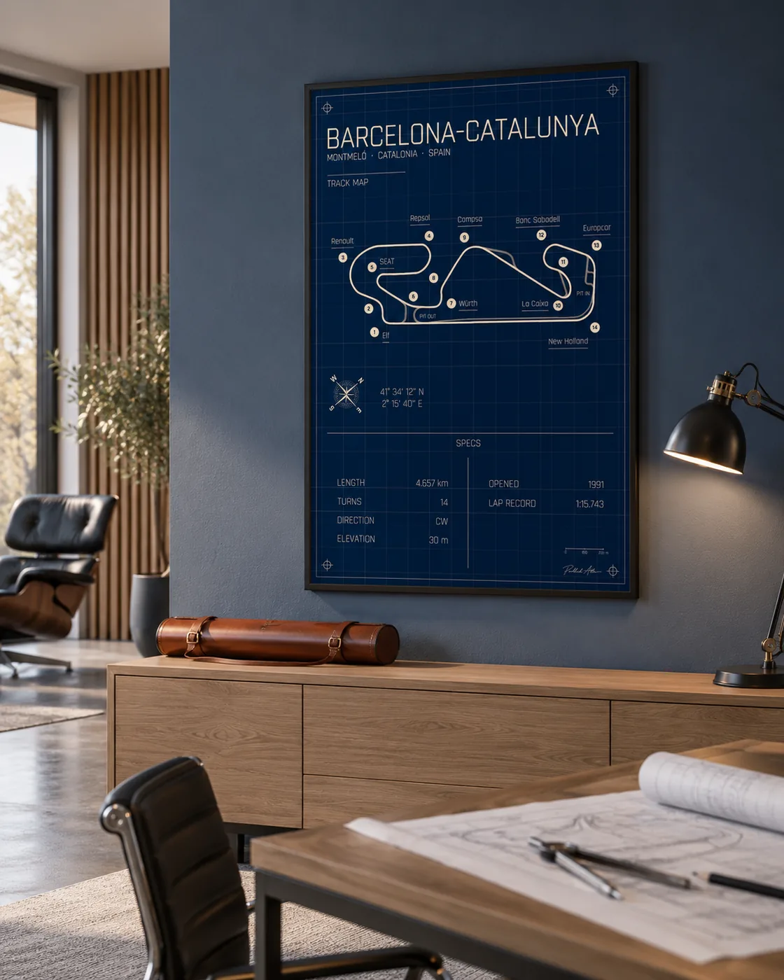 Circuit de Barcelona-Catalunya (Montmeló) track map poster, Blueprint edition