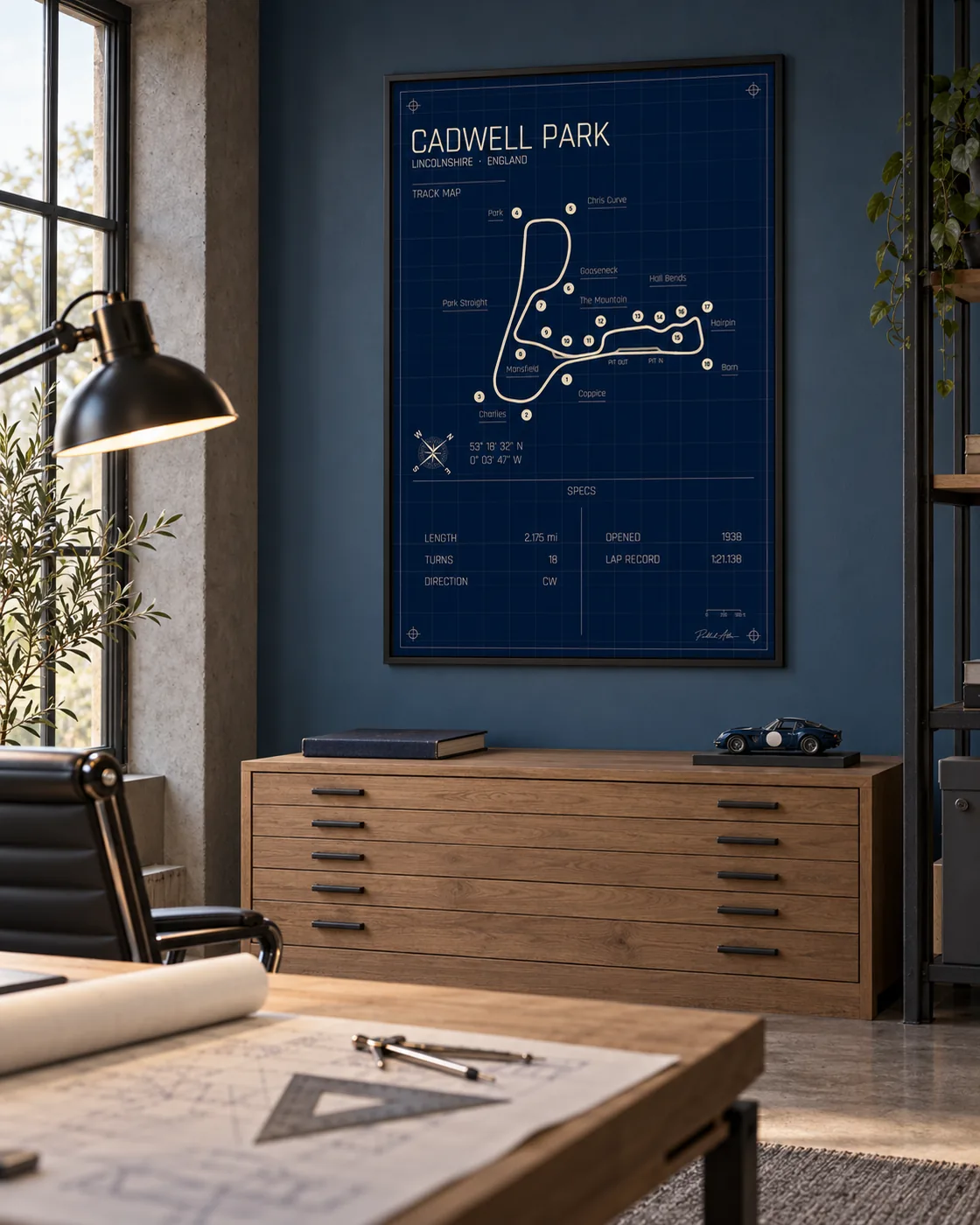 Cadwell Park track map poster, Blueprint edition