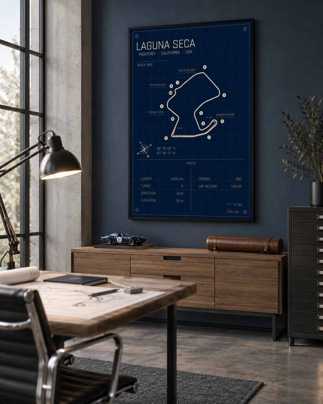 Laguna Seca track map poster, Blueprint edition