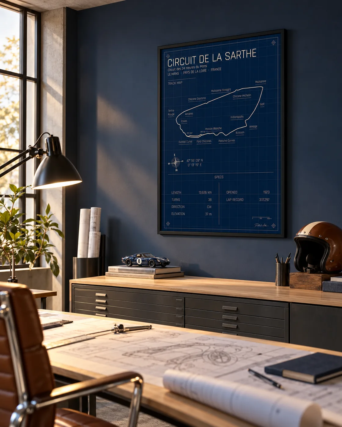 Le Mans (Circuit de la Sarthe) track map poster, Blueprint edition