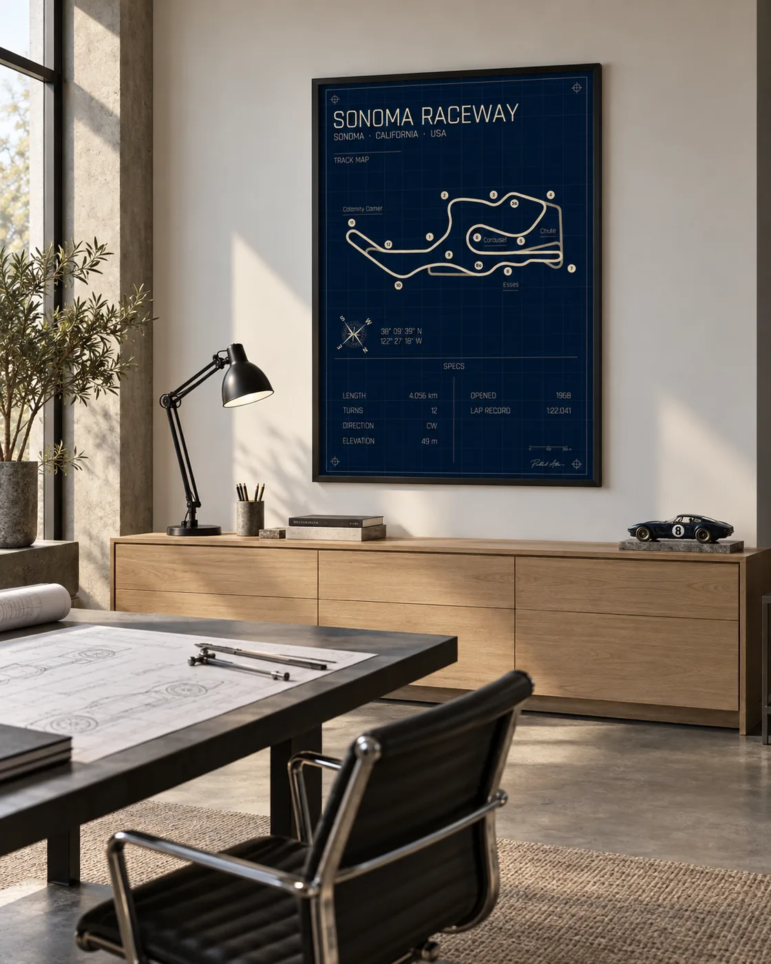 Sonoma Raceway (Sears Point) track map poster, Blueprint edition