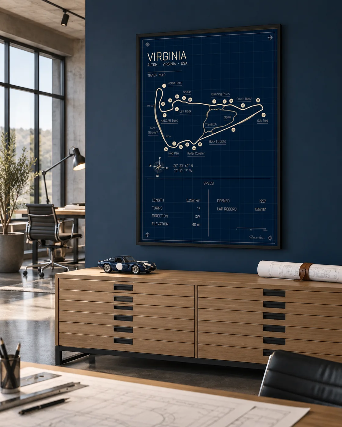 Póster del circuito de VIR (Virginia International Raceway), edición Blueprint